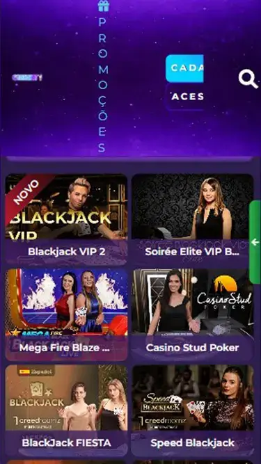 Estelarbet jogos cassino: Blackjack VIP 2, Soirée Elite VIP, Mega Fire Blaze, Casino Stud Poker, Blackjack Fiesta, Speed Blackjack, etc.