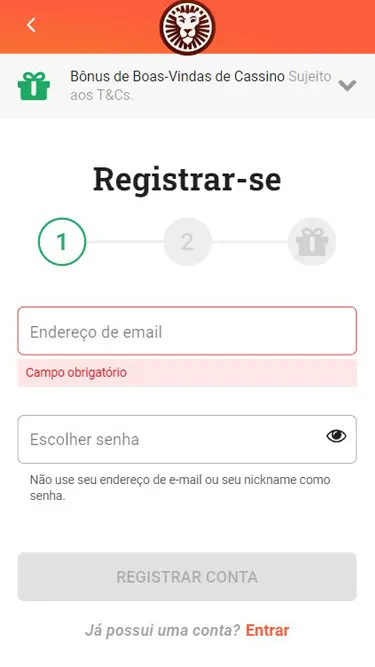 LeoVegas Casino Registro: deve inserir e-mail e escolher senha. 