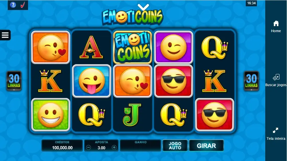 EmotiCoins online slot 30 linhas. Contém símbolos Emoticons e caracteres maiúsculos. Pode ver os créditos, valor da aposta, valor ganho, e os botões de Jogo Auto e de Girar.