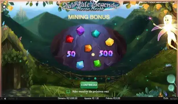 Imagem com uma fada e pedras preciosas alusiva ao Mining Bonus do slot Fairytale Legends: Mirror Mirror
